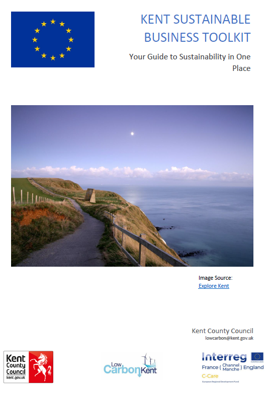 Kent Sustainable Business Toolkit, your guide to sustainability in one place with image of coastal path and logos of KCC, LCK and Interreg